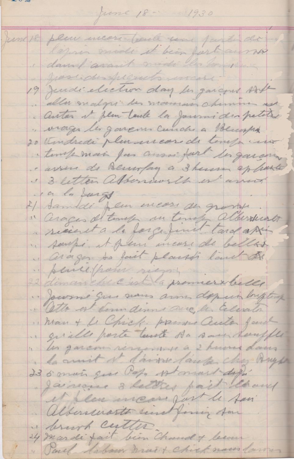 Marie Gregoire Brooks Diary June 18 to 24, 1930